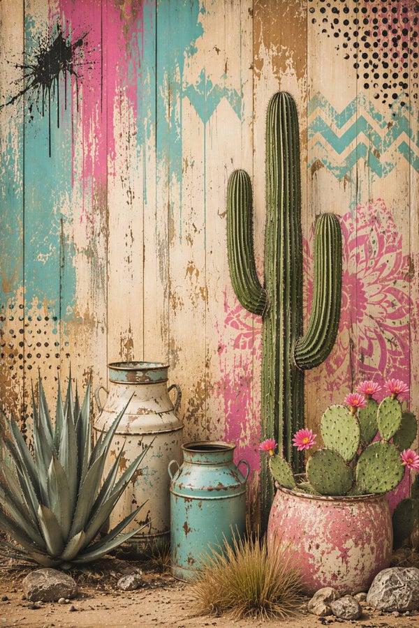 Woestijnbloei – kleurrijk cactus schilderij met oude melkbussen