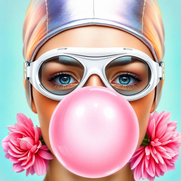 Candy Bubble – Portret van vrouw met duikbril en kauwgombel
