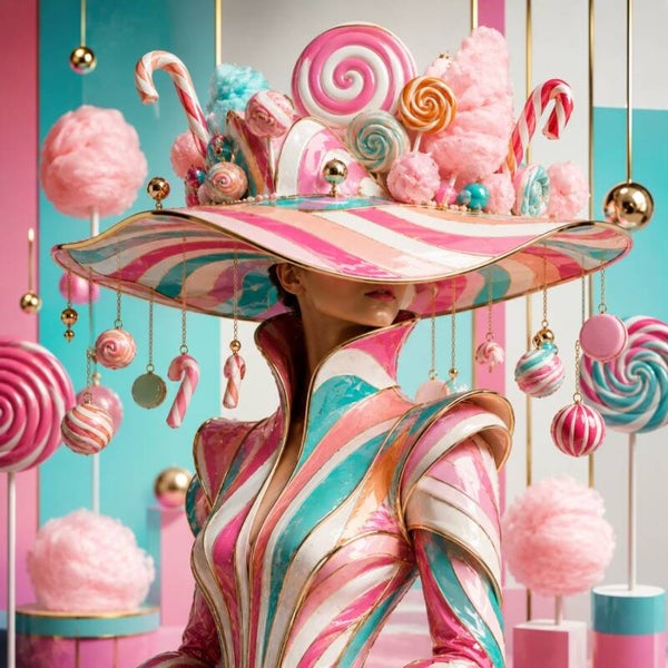 Candy Carousel Couture – Fantasie schilderij met snoepgoed en modekunst