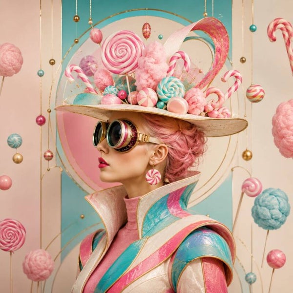 Candy Couture - vrouw schilderij met snoephoed en pastelkleuren