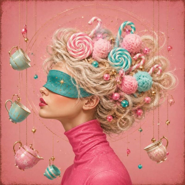 Candy Eclipse – Roze schilderij met snoepjes, theekopjes en dromerige sfeer