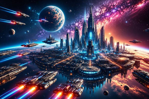 Celestial Armada – futuristische ruimtestad met ruimteschepen schilderij