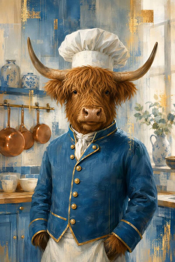 Chef Hooglander – keuken schilderij Schotse hooglander kok blauw goud