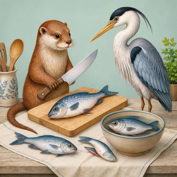 Chef Otter en sous-chef Reiger – otter reiger vis schilderij landelijke keuken