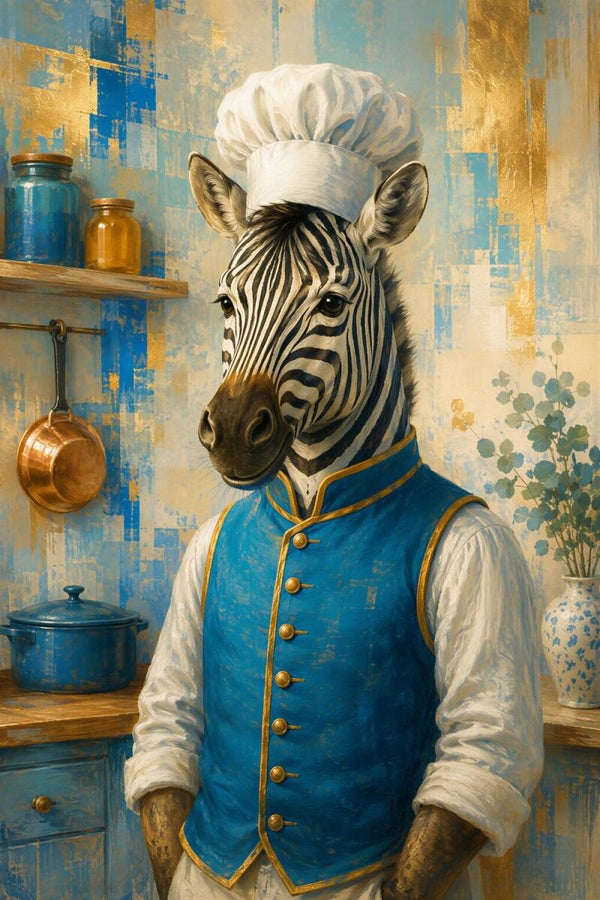 Chef Zebrano – zebra kok schilderij voor keuken blauw goud