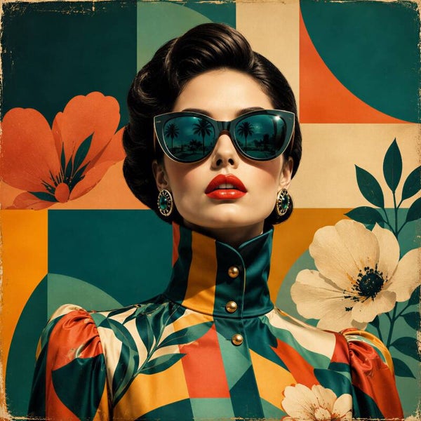 Chic Retro Dame met Bloemen & Zonnebril – stijlvol schilderij met warme kleuren