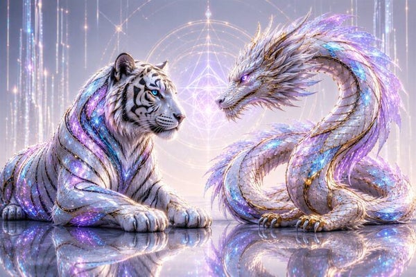 Celestial Harmony - Luxe Geometrisch Witte Tijger en Draak Schilderij met Pastel Kristallen