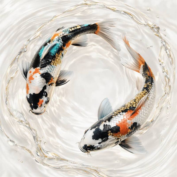 Cirkel van Harmonie – koi vissen schilderij in wit en goud