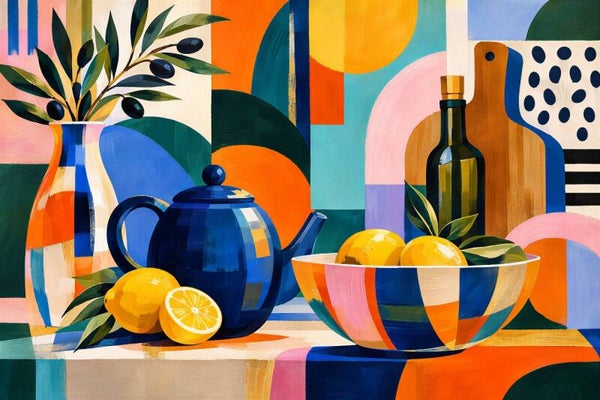 Citroen & Olijf – kleurrijk abstract schilderij keuken met theepot en citroenen
