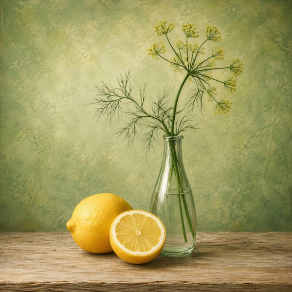 Lemon & Dill – landelijk stilleven met citroen en glazen vaas