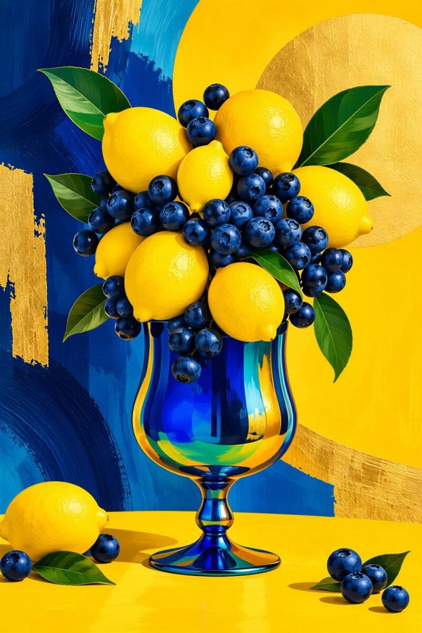 Citrus & Blue – kleurrijk citroen schilderij met blauwe bessen