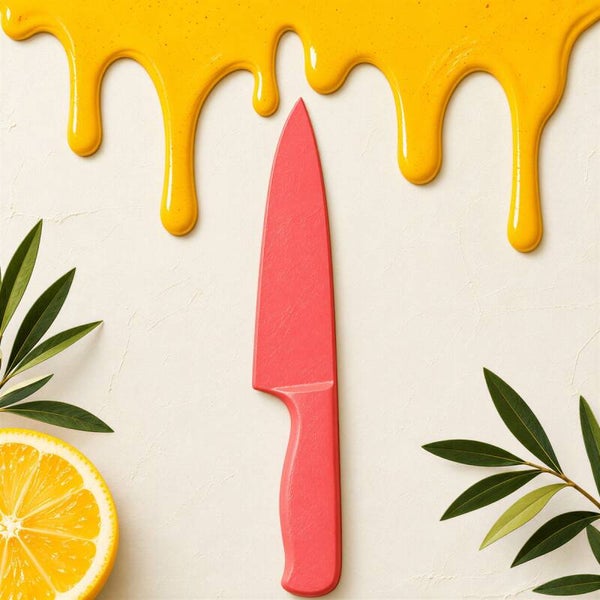 Citrus Cut – kleurrijk keuken kunstwerk met roze mes
