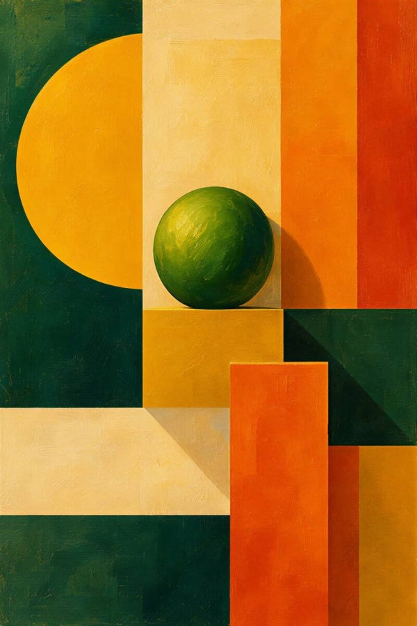 Citrus Geometry – abstract limoen schilderij in groen, oranje en okergeel
