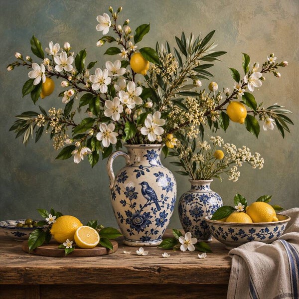Citrus & Porcelain – Citroenen en blauw-witte vazen als keuken wanddecoratie