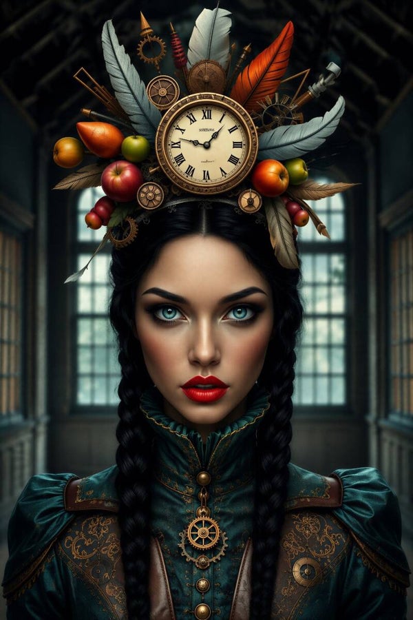Clock Crown Muse – vintage schilderij vrouw met klok en veren