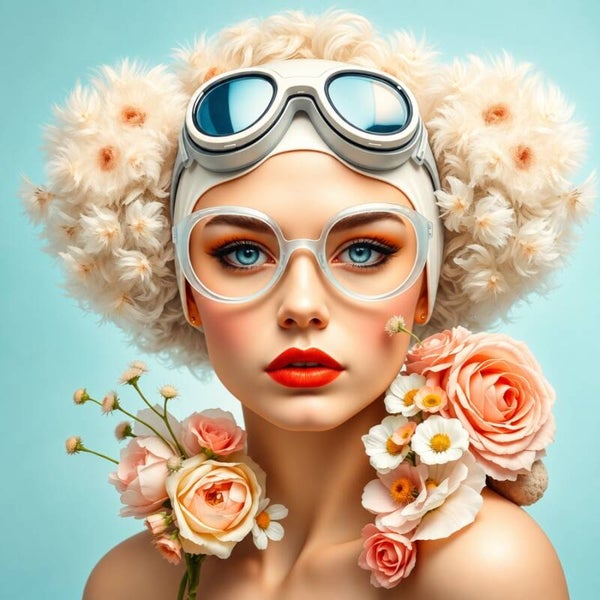 Cloud Bloom – Schilderij van vrouw met witte bril, bloemen en fluffy badmuts