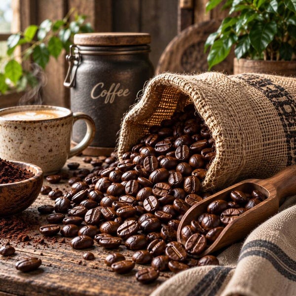 Coffee Moments – koffiebonen en koffiekop rustiek stilleven