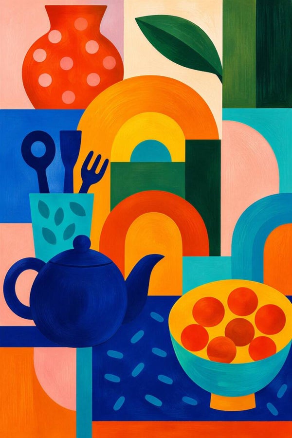 Colorful Kitchen – abstract keuken schilderij met theepot en fruitschaal