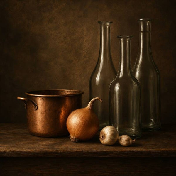 Copper Kitchen – landelijk stilleven met koperen pan, flessen en ui