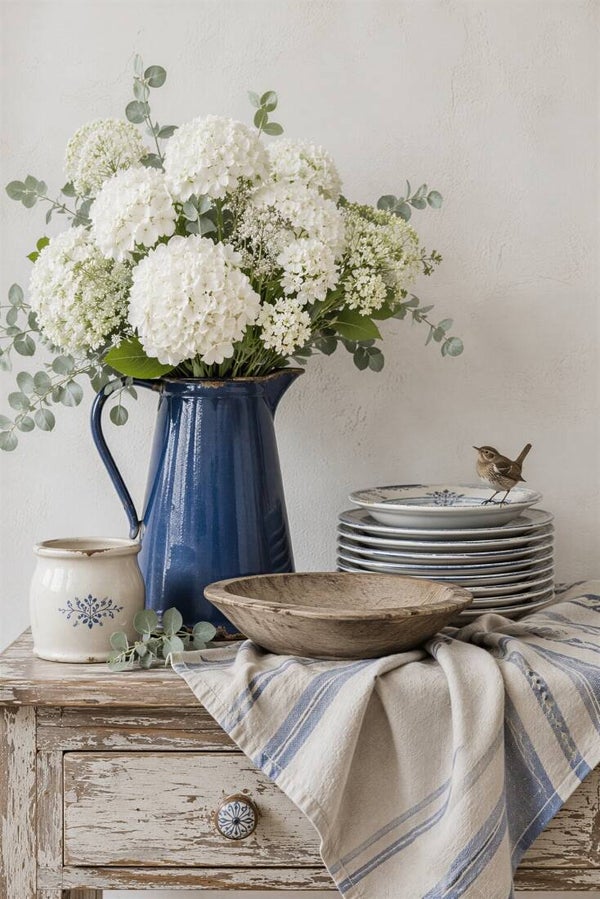 Stilte in Blauw – bloemen vaas schilderij landelijk hortensia servies vogel