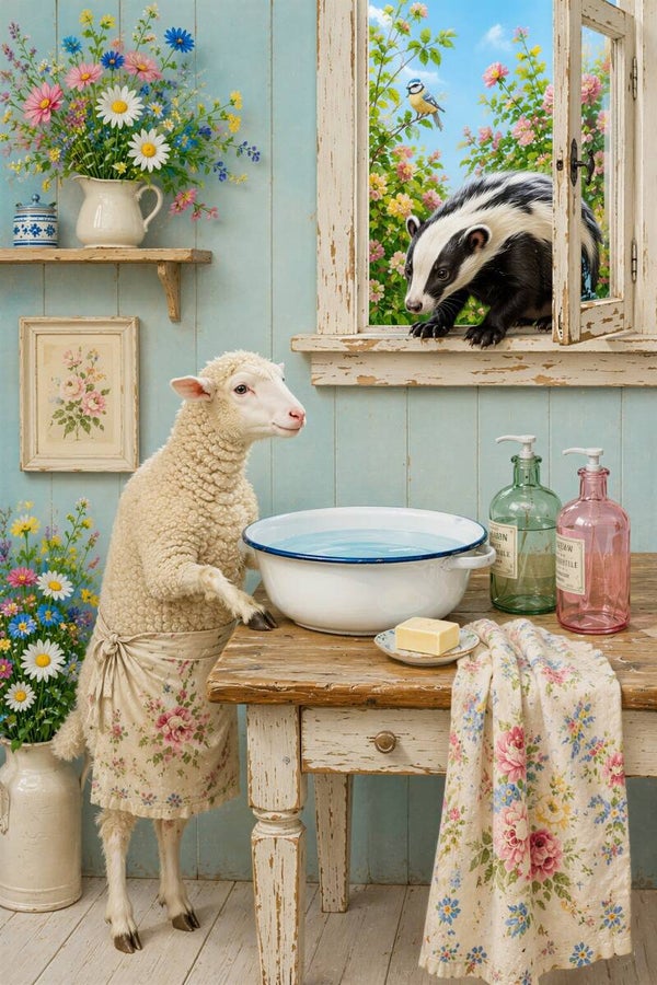 Zeep & nieuwsgierigheid – lam das schilderij landelijk badkamer dieren bloemen