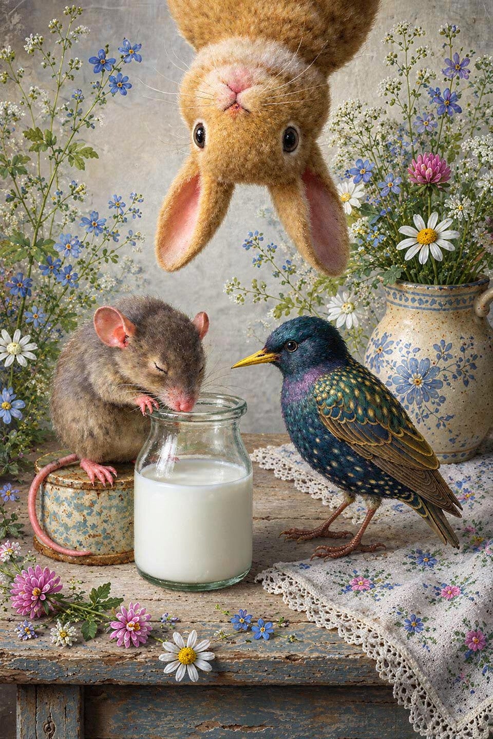 Kopje Ondersteboven – konijn schilderij met muis en spreeuw