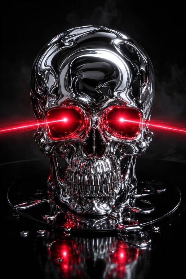 Crimson Chrome – chromen schedel met rode laserogen schilderij