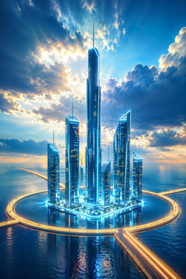 Crown of Tomorrow – futuristische stad op het water schilderij