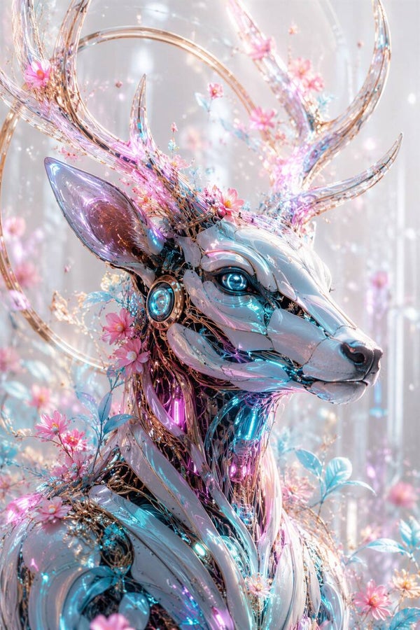 Crystal Blossom – Cyber Hert Schilderij met Bloemen in Roze en Turquoise