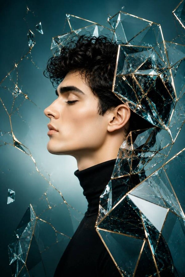 Crystal Mind – abstract man schilderij met geometrische kristallen