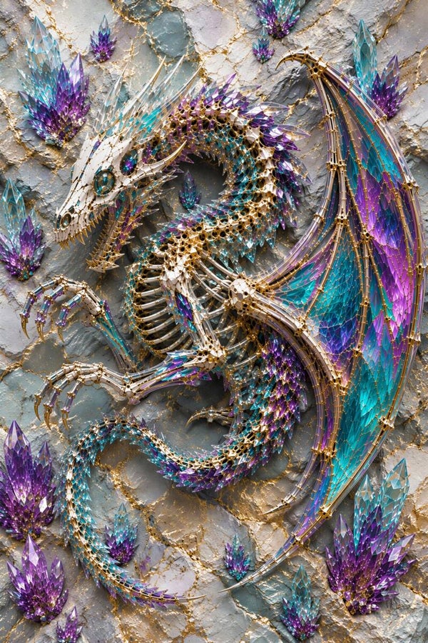Crystal Wyrm – Kristallen Draak Schilderij in Turquoise Paars en Goud