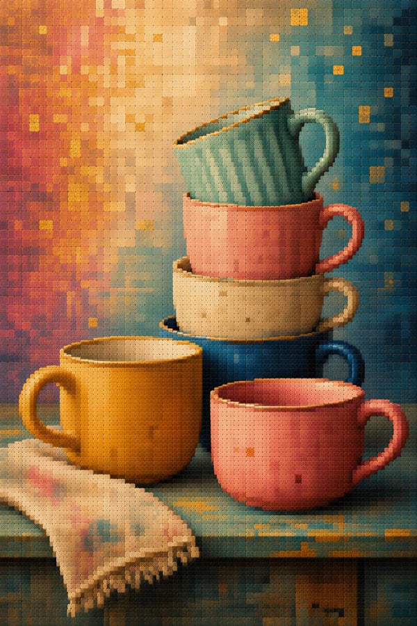 Cup Parade – kleurrijke mokken schilderij in pixelstijl voor keuken