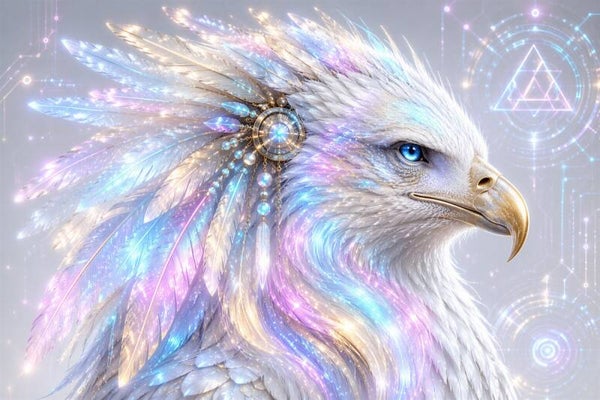Aurora Eagle – Cyber Adelaar Schilderij Wit met Pastel Neon en Gouden Veren