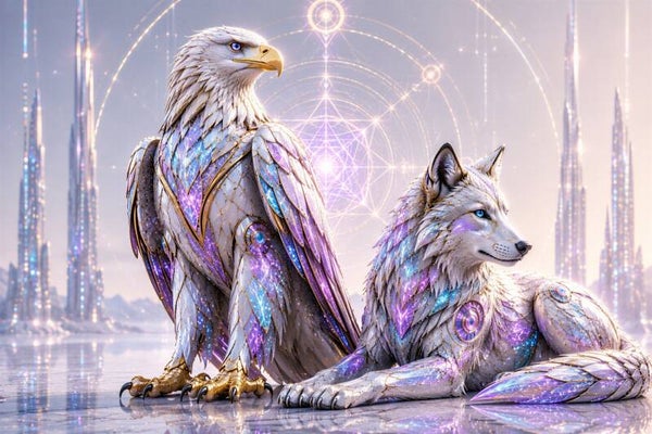 Guardians of Tomorrow – Cyber Adelaar en Wolf Schilderij Wit Blauw Paars Goud