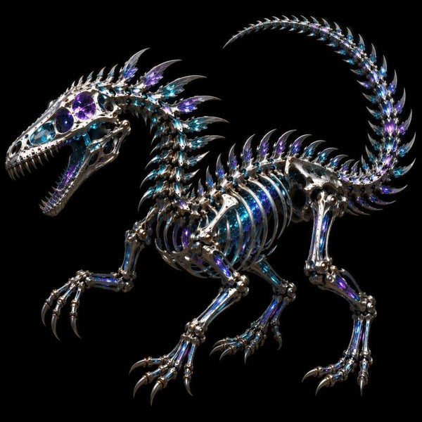 Neon Fossil – Cyber Dinosaurus Skelet Schilderij Chroom Blauw Paars