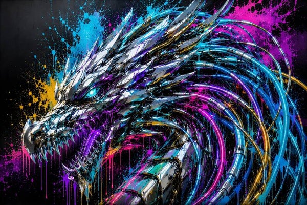 Neon Dragon Core – Cyber Draak Schilderij Blauw Paars Roze en Chroom