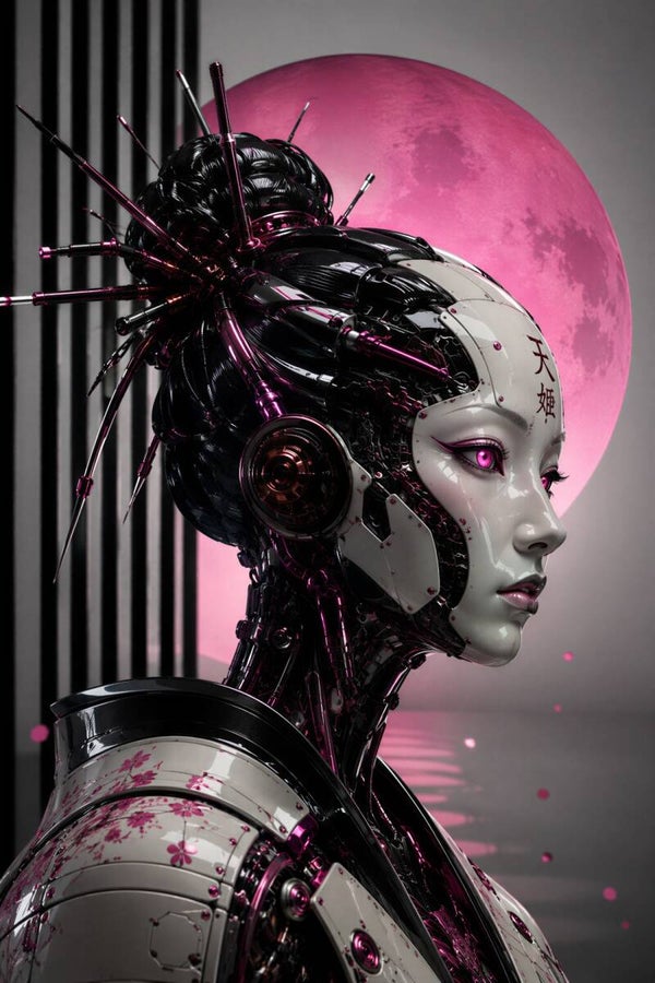 Pink Moon Geisha – Cyber Geisha Vrouw Schilderij met Roze Maan