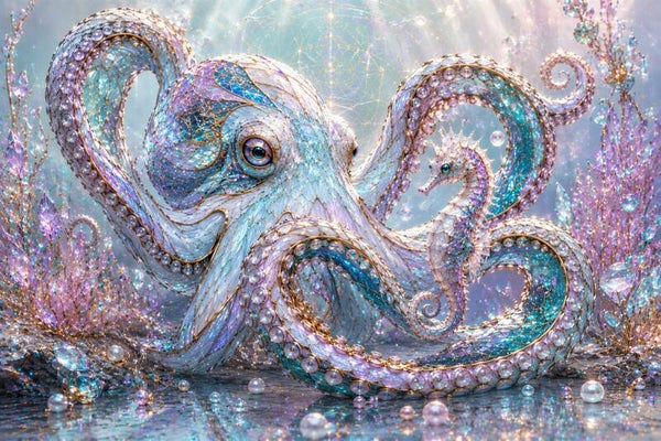 Pearl Depths – Cyber Octopus en Zeepaardje Schilderij Turquoise Lila Goud