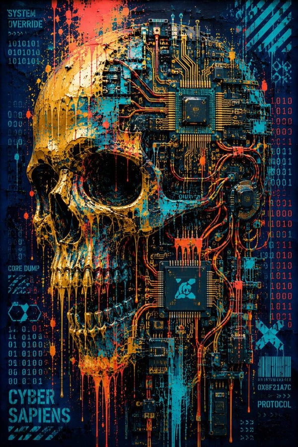 Cyber Sapiens – Cyberpunk Schedel Schilderij met Chips en Printplaten
