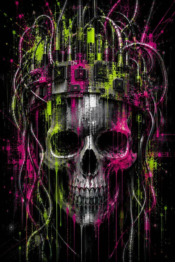 Toxic Mainframe – Cyber Skull Schilderij met Kabels Neon Roze en Groen