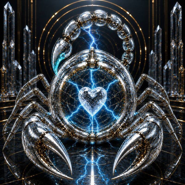 Heart of the Scorpion – Cyber Schorpioen Schilderij Chroom met Kristallen Hart
