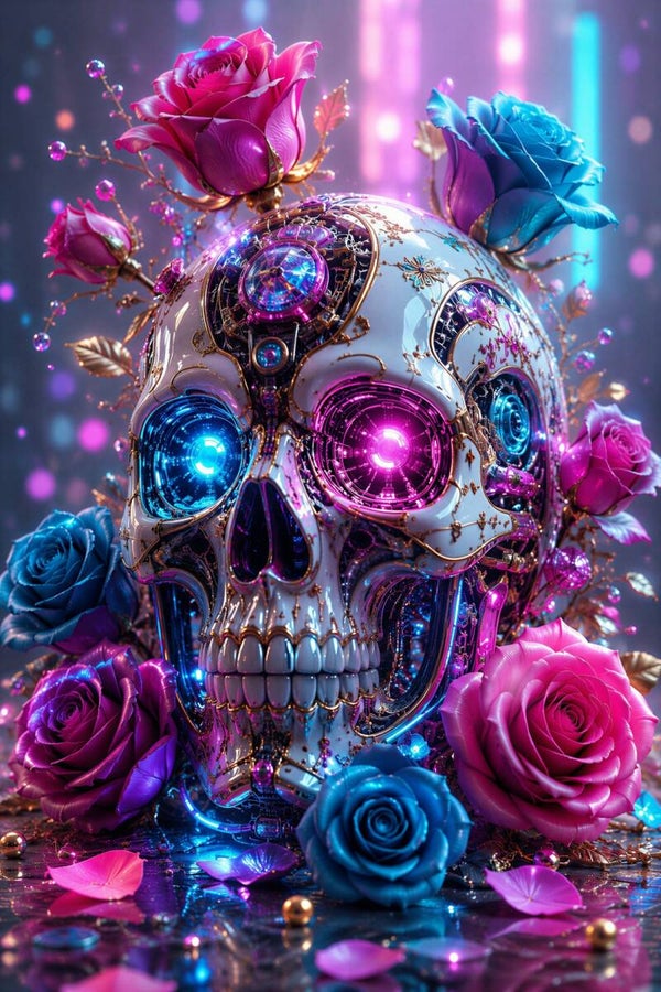 Neon Rose Machine – Cyber Skull met Rozen Schilderij Roze Blauw