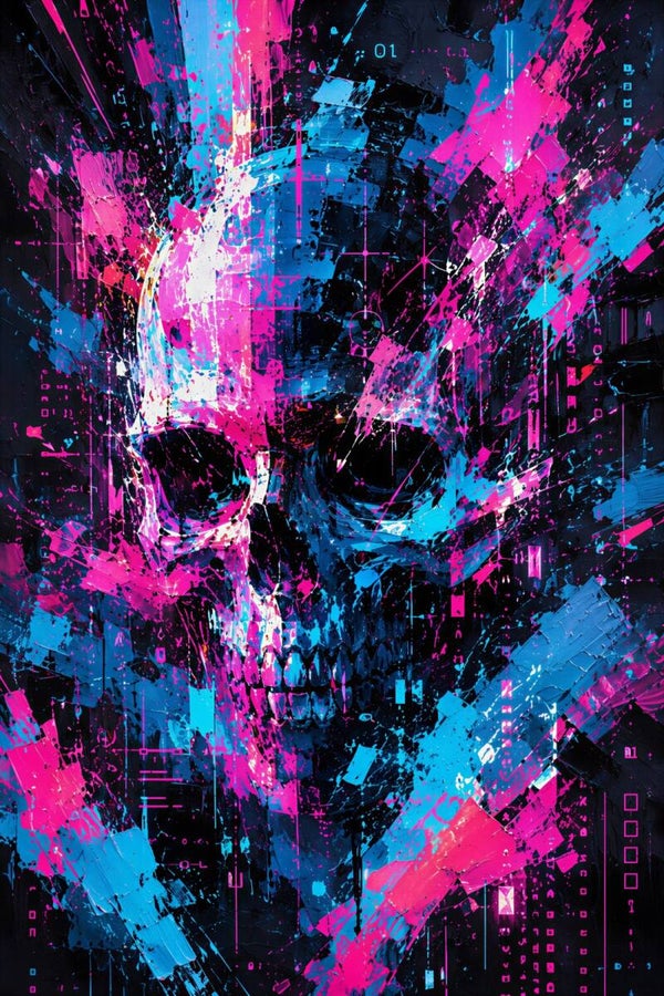Neon Fracture – Abstract Cyber Skull Schilderij Roze Blauw Zwart