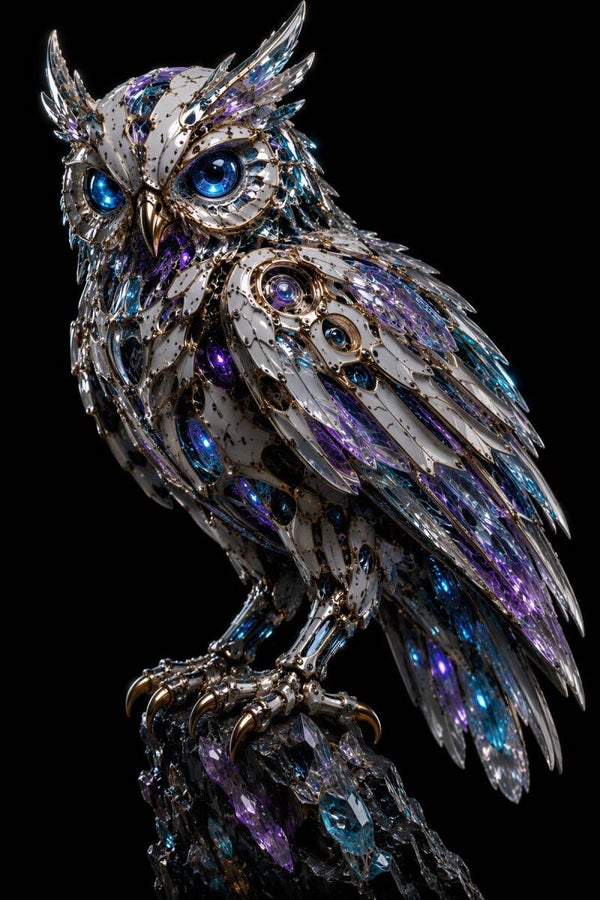 Nightwatch Oracle – Cyber Uil Schilderij Wit Paars Blauw en Goud
