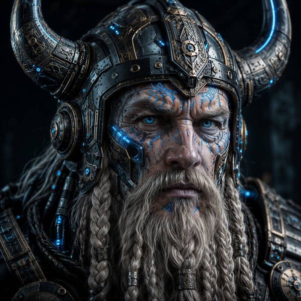Iron Rune – Cyber Viking Krijger Schilderij met Hoornhelm en Blauwe Runen