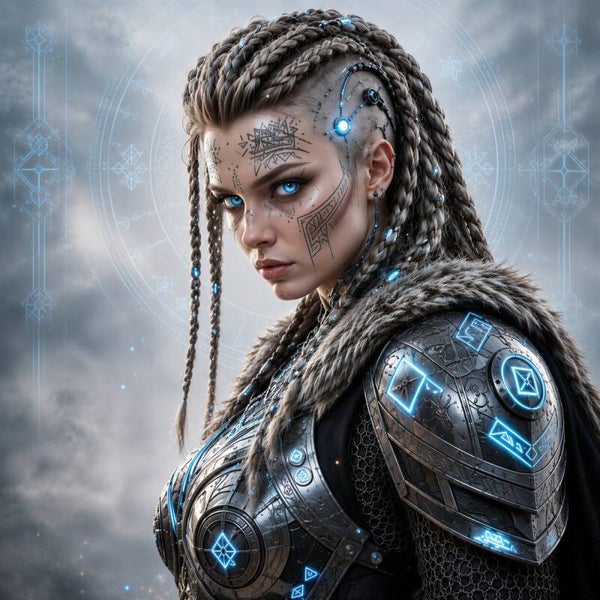 Runeborn Valkyrie – Cyber Viking Vrouw Schilderij met Runen en Blauwe Ogen