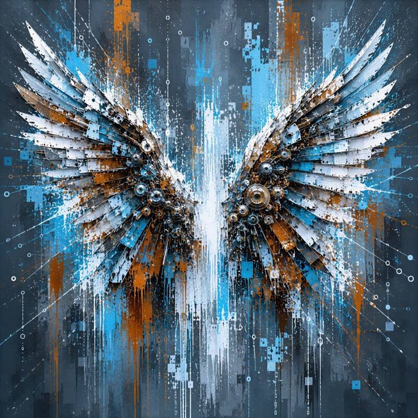 Steel Ascension – Cyber Vleugels Schilderij Blauw Wit en Koper