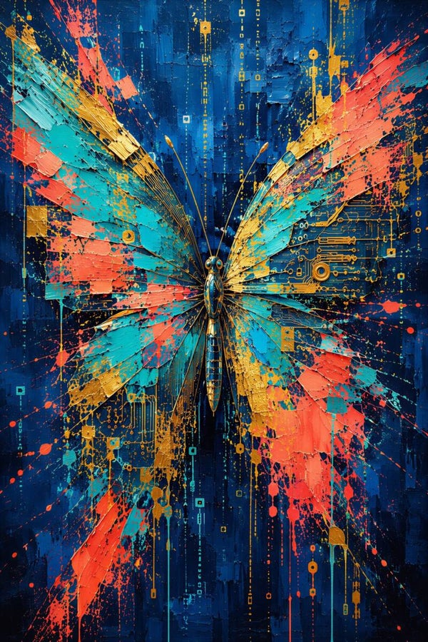 Circuit Wings – Cyber Vlinder Schilderij Turquoise Koraal en Goud