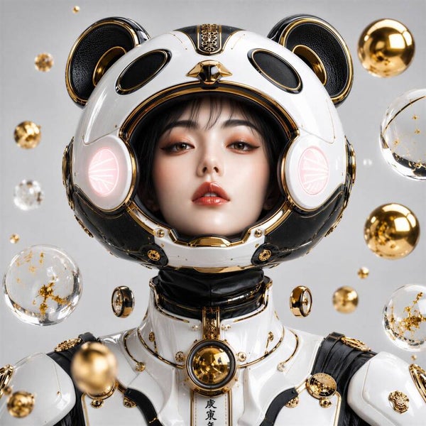 Panda Protocol – Futuristische Cyber Vrouw met Panda Helm Schilderij Wit Zwart Goud