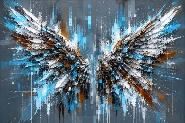 Cyber Wings – Futuristische Mechanische Vleugels Schilderij Blauw Koper